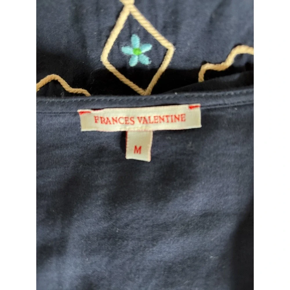 Frances‎ Valentine Capri Navy Blue Embroidered Cotton Tunic Dress Tassel Tie M